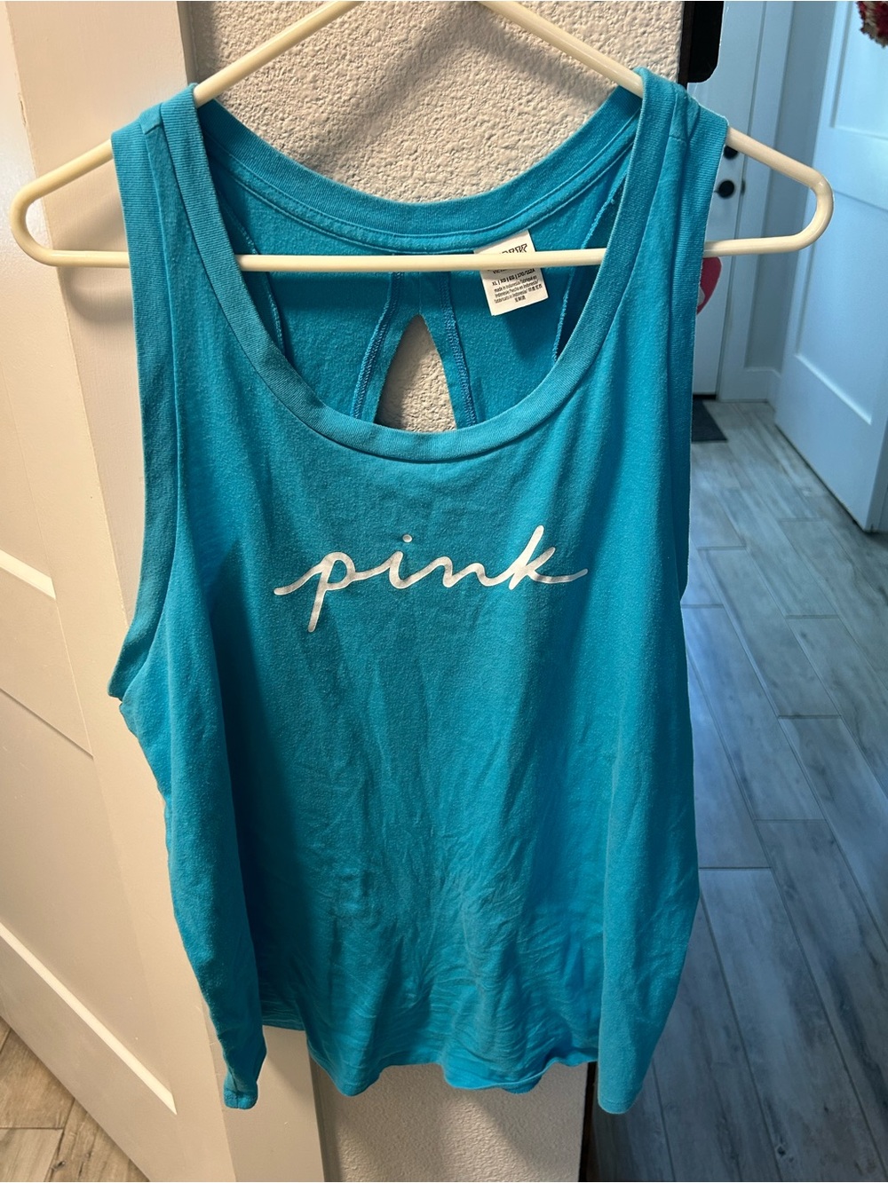 PINK Victoria's Secret Turquoise Racerback Tank with White Script